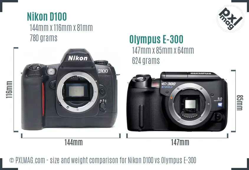 Nikon D100 vs Olympus E-300 size comparison