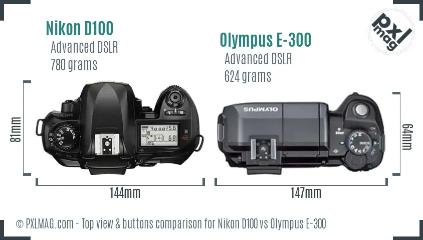 Nikon D100 vs Olympus E-300 top view buttons comparison