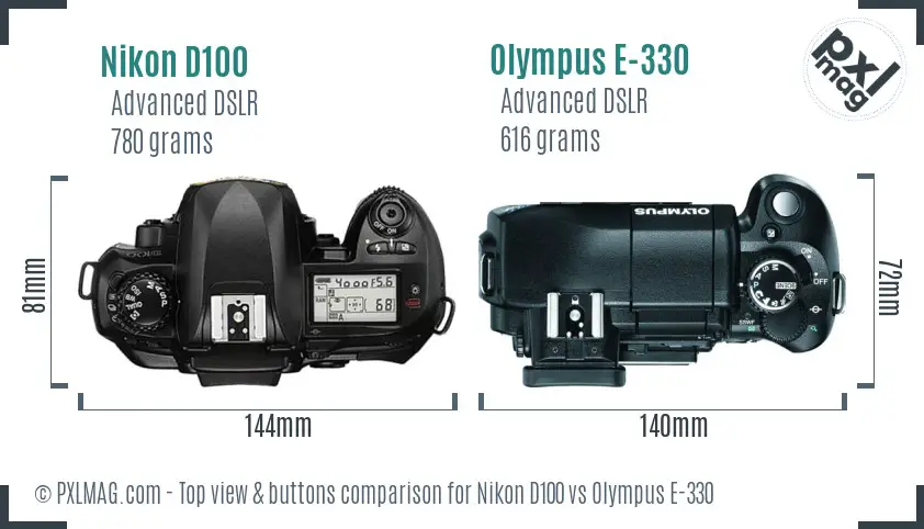 Nikon D100 vs Olympus E-330 top view buttons comparison