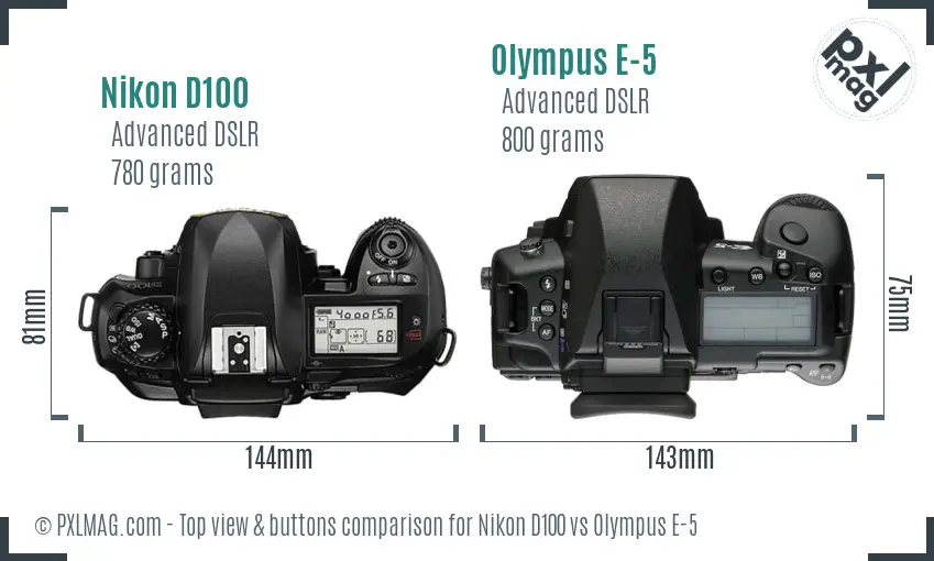 Nikon D100 vs Olympus E-5 top view buttons comparison