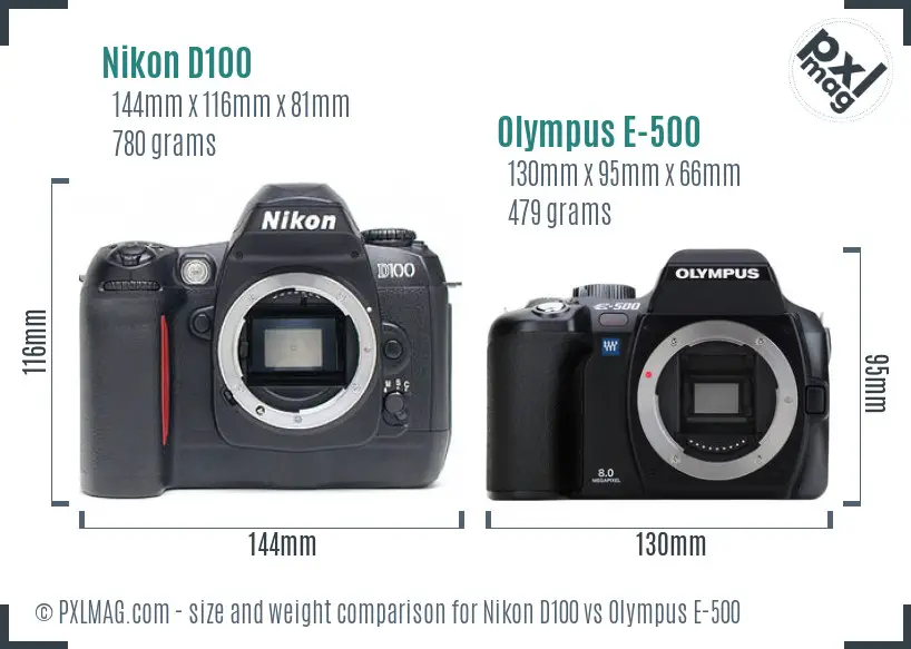 Nikon D100 vs Olympus E-500 size comparison