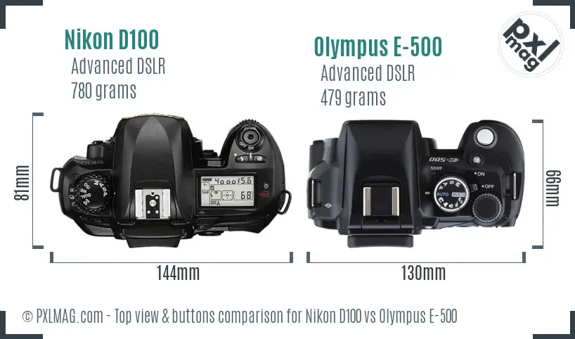 Nikon D100 vs Olympus E-500 top view buttons comparison