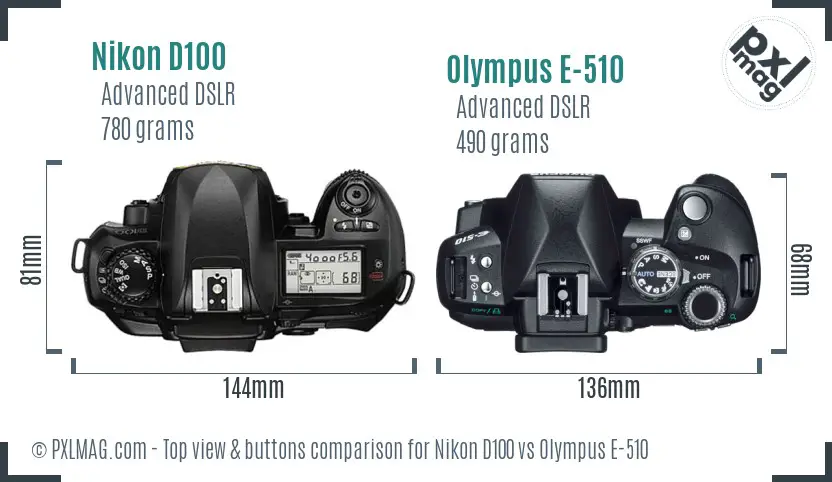 Nikon D100 vs Olympus E-510 top view buttons comparison