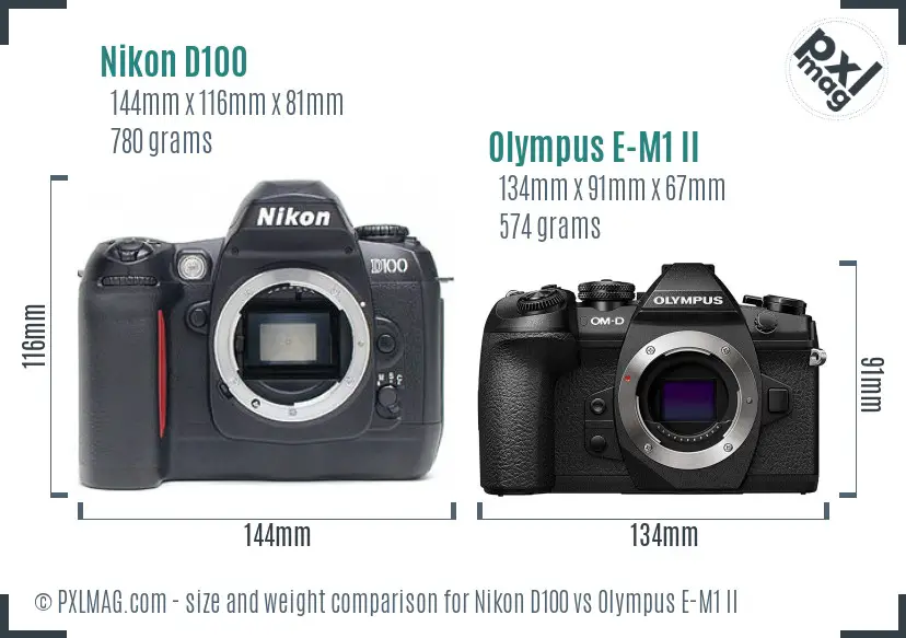 Nikon D100 vs Olympus E-M1 II size comparison