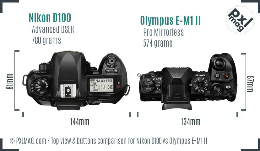 Nikon D100 vs Olympus E-M1 II top view buttons comparison