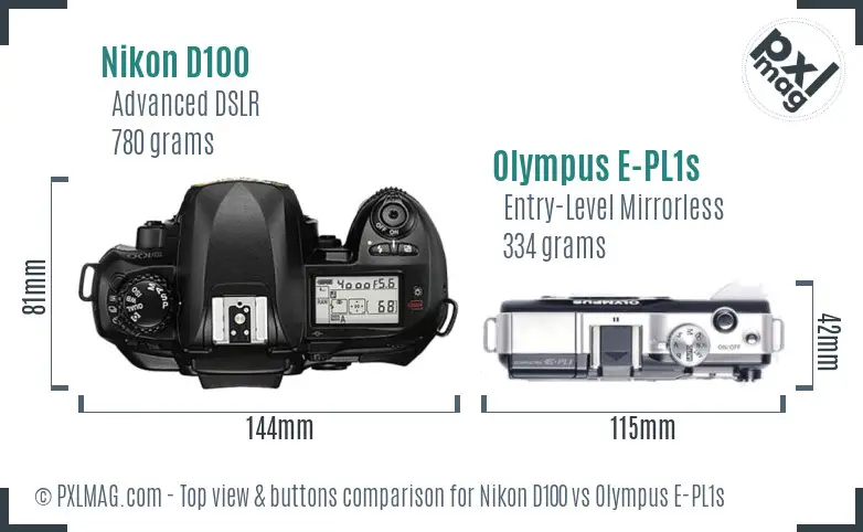 Nikon D100 vs Olympus E-PL1s top view buttons comparison Nikon D100 vs Olympus E-PL1s top view buttons comparison