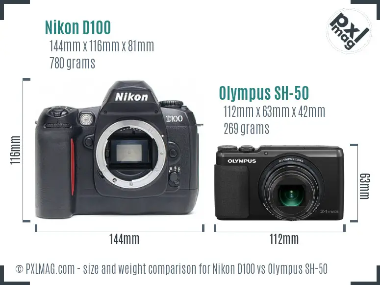 Nikon D100 vs Olympus SH-50 size comparison