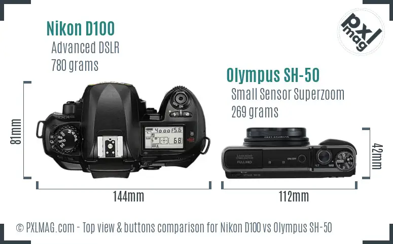 Nikon D100 vs Olympus SH-50 top view buttons comparison