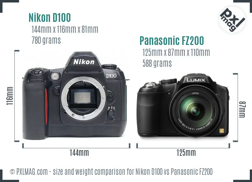 Nikon D100 vs Panasonic FZ200 size comparison