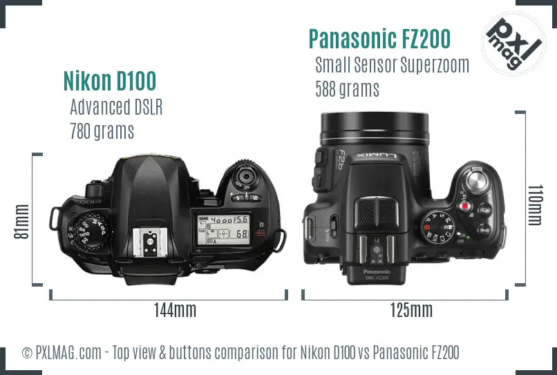 Nikon D100 vs Panasonic FZ200 top view buttons comparison
