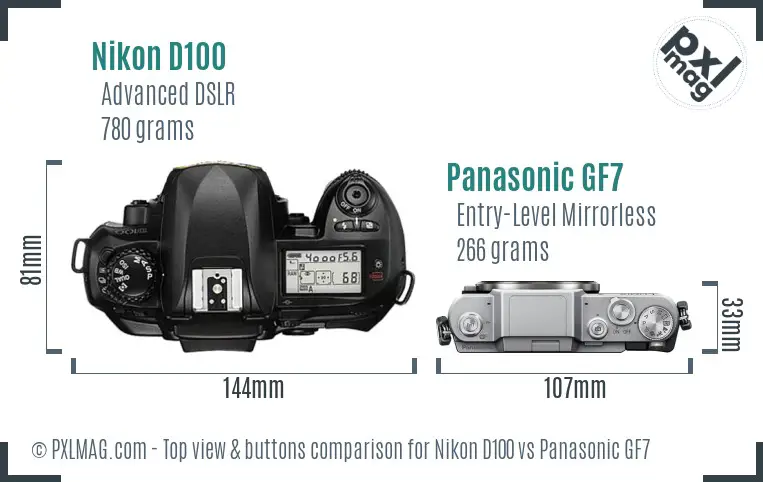 Nikon D100 vs Panasonic GF7 top view buttons comparison