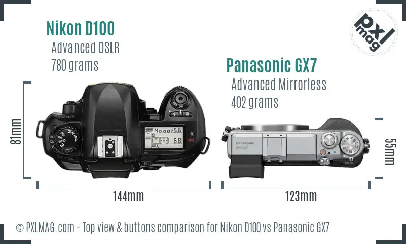 Nikon D100 vs Panasonic GX7 top view buttons comparison