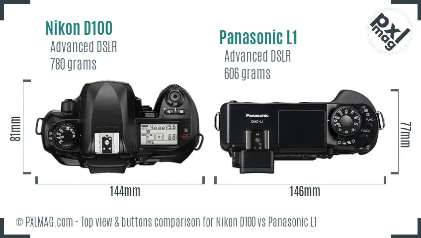 Nikon D100 vs Panasonic L1 top view buttons comparison