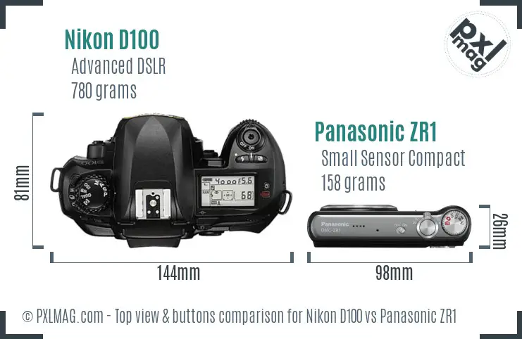 Nikon D100 vs Panasonic ZR1 top view buttons comparison