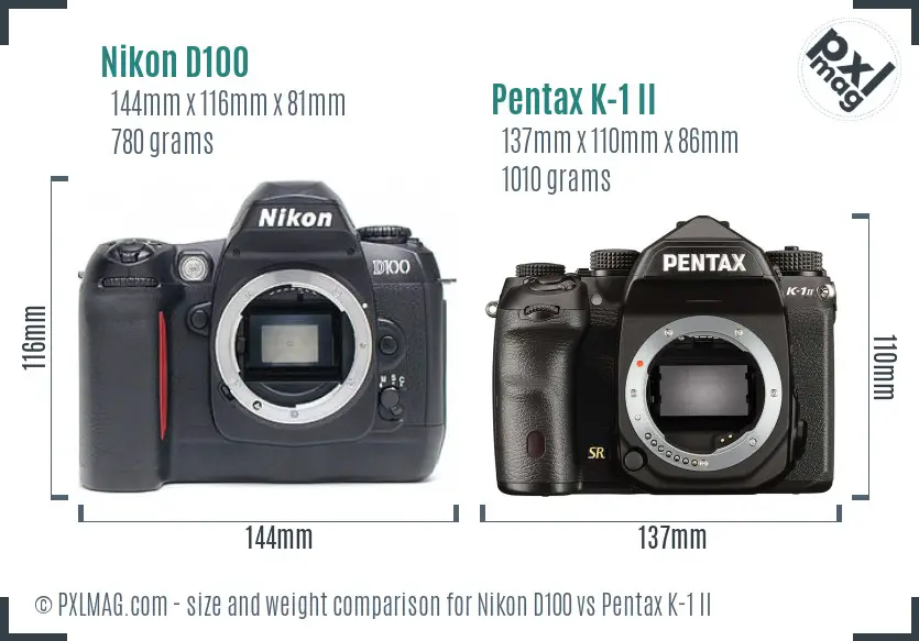 Nikon D100 vs Pentax K-1 II size comparison