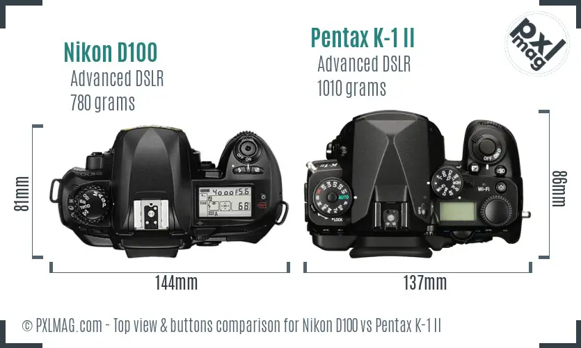 Nikon D100 vs Pentax K-1 II top view buttons comparison