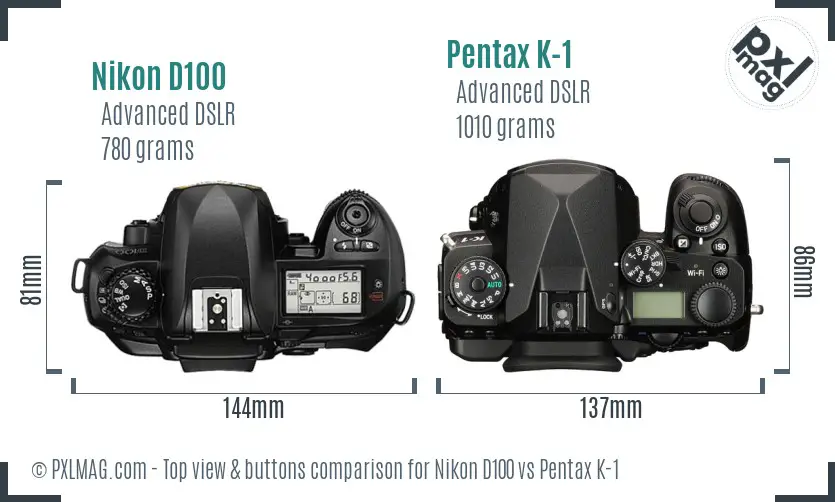Nikon D100 vs Pentax K-1 top view buttons comparison