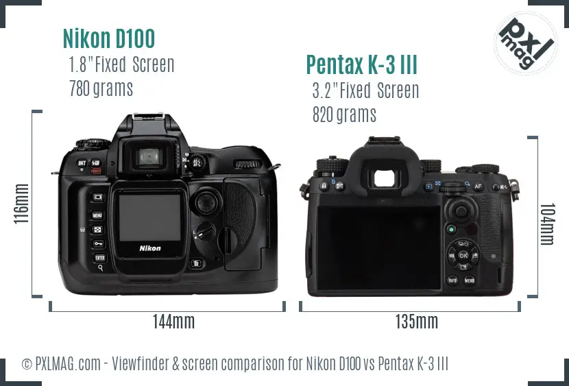 Nikon D100 vs Pentax K-3 III Screen and Viewfinder comparison