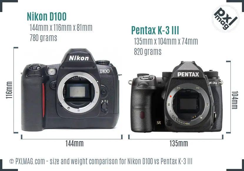 Nikon D100 vs Pentax K-3 III size comparison
