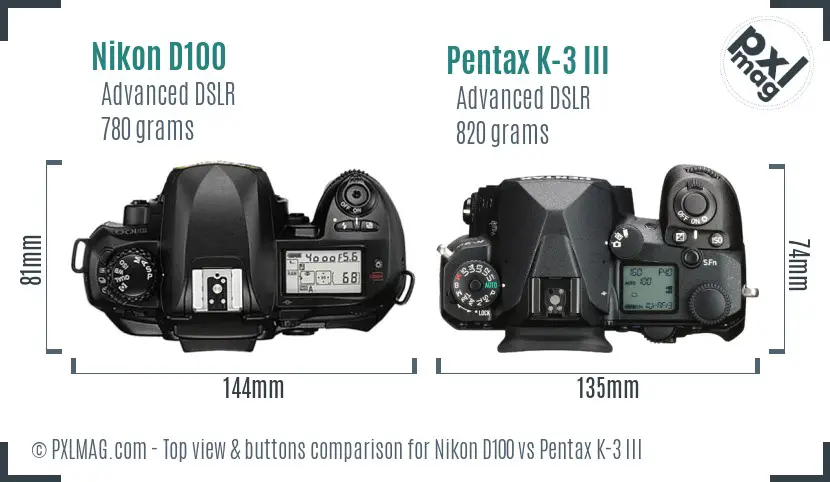 Nikon D100 vs Pentax K-3 III top view buttons comparison