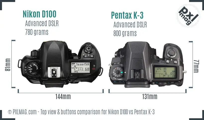 Nikon D100 vs Pentax K-3 top view buttons comparison