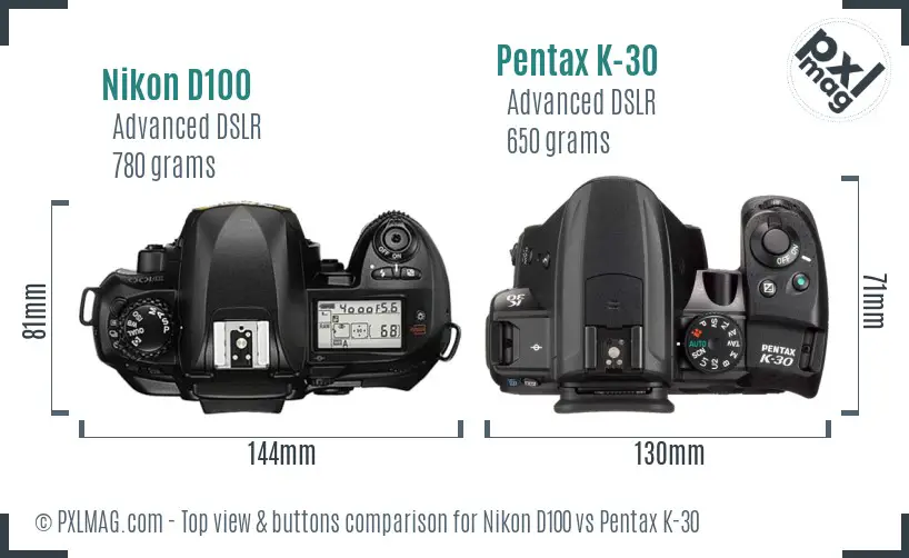 Nikon D100 vs Pentax K-30 top view buttons comparison