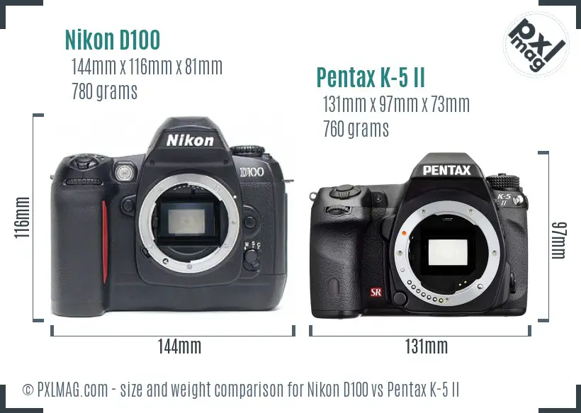 Nikon D100 vs Pentax K-5 II size comparison