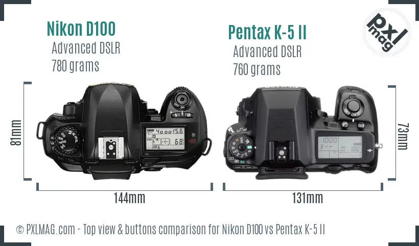 Nikon D100 vs Pentax K-5 II top view buttons comparison
