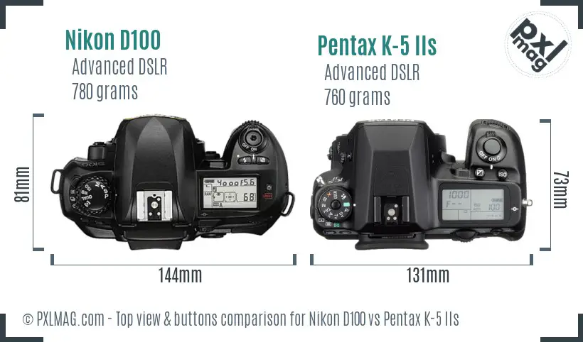 Nikon D100 vs Pentax K-5 IIs top view buttons comparison
