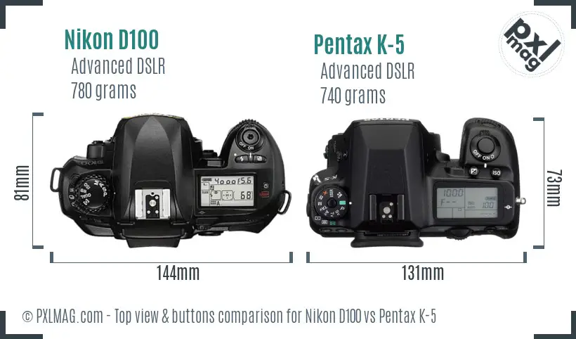 Nikon D100 vs Pentax K-5 top view buttons comparison