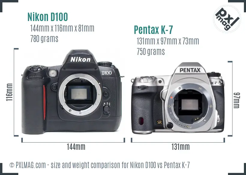 Nikon D100 vs Pentax K-7 size comparison