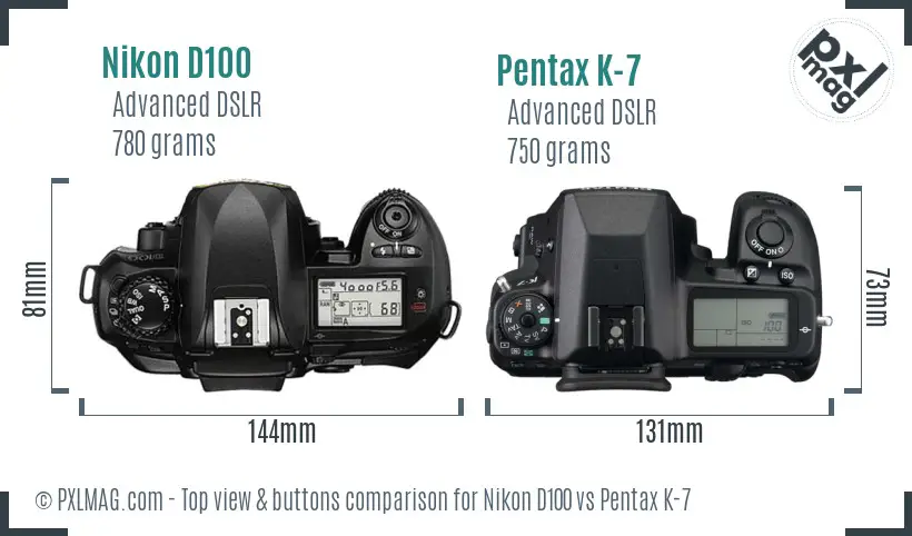 Nikon D100 vs Pentax K-7 top view buttons comparison