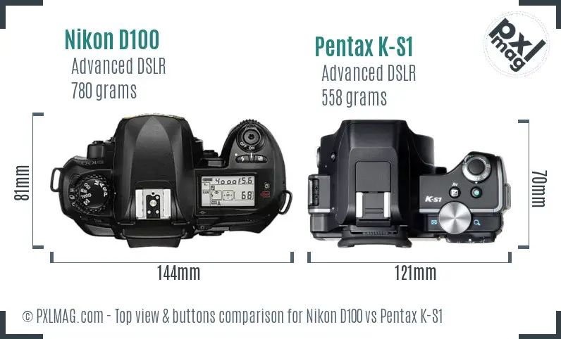 Nikon D100 vs Pentax K-S1 top view buttons comparison