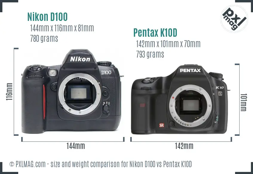 Nikon D100 vs Pentax K10D size comparison