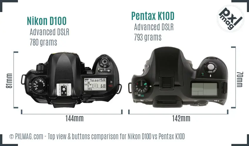 Nikon D100 vs Pentax K10D top view buttons comparison