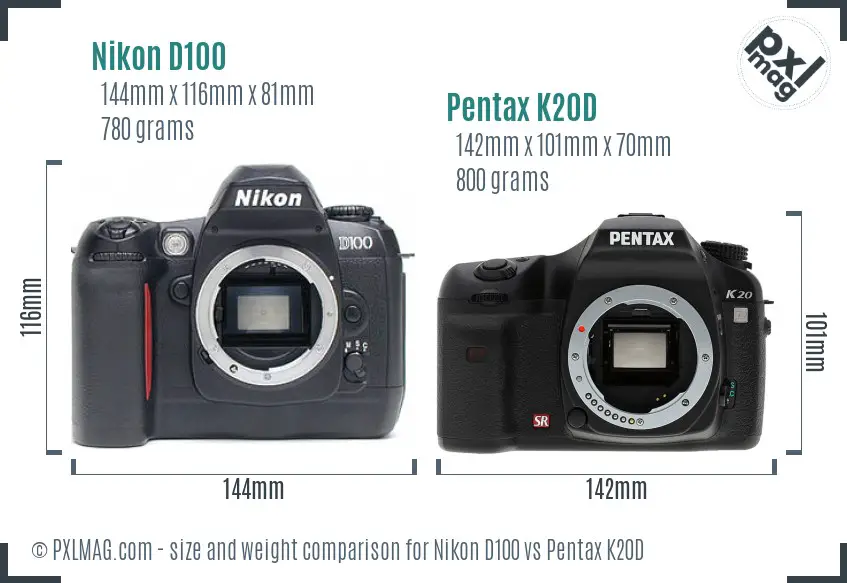 Nikon D100 vs Pentax K20D size comparison