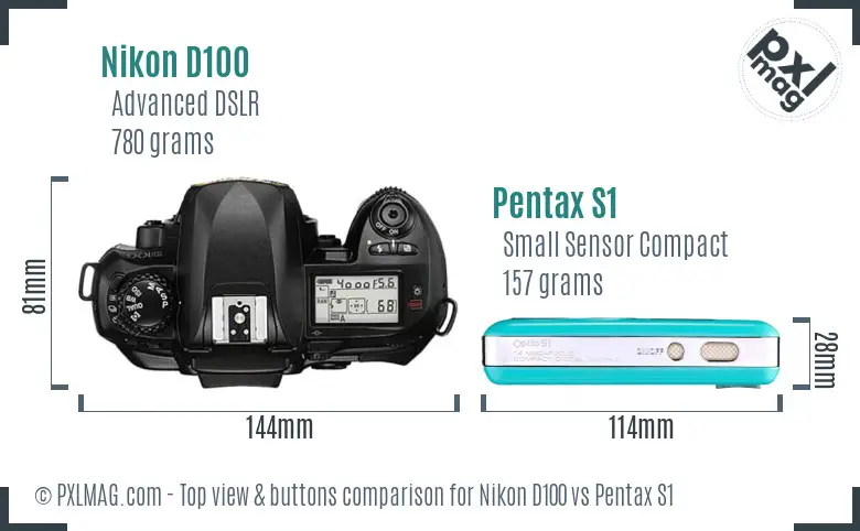 Nikon D100 vs Pentax S1 top view buttons comparison