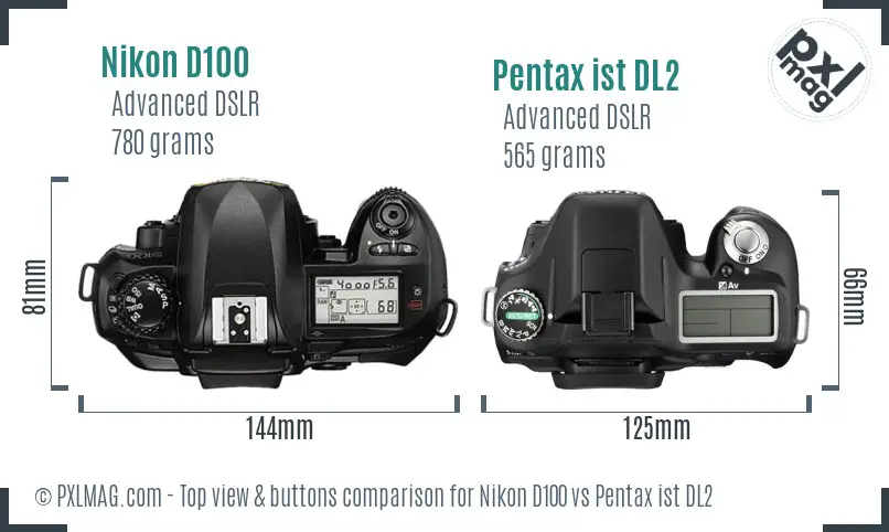 Nikon D100 vs Pentax ist DL2 top view buttons comparison
