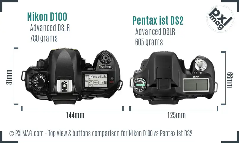 Nikon D100 vs Pentax ist DS2 top view buttons comparison
