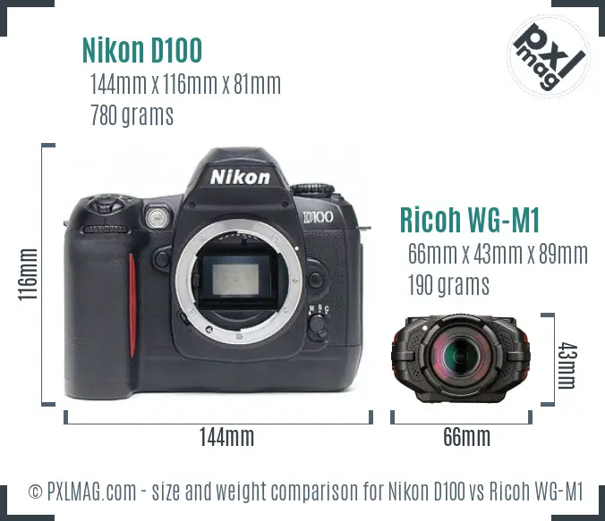 Nikon D100 vs Ricoh WG-M1 size comparison