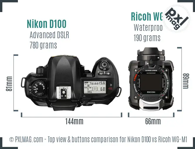 Nikon D100 vs Ricoh WG-M1 top view buttons comparison