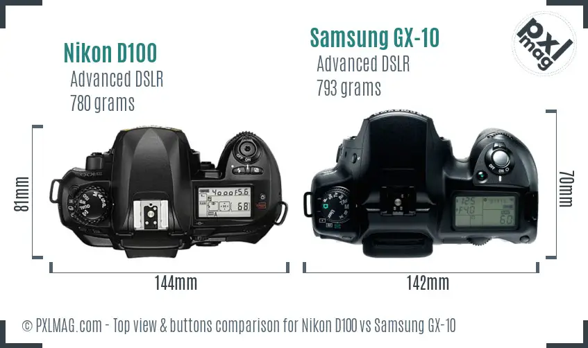 Nikon D100 vs Samsung GX-10 top view buttons comparison