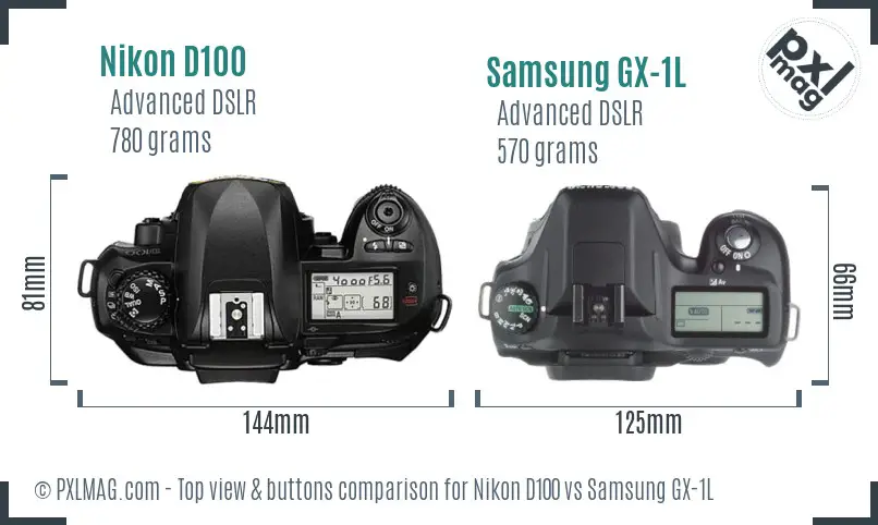 Nikon D100 vs Samsung GX-1L top view buttons comparison