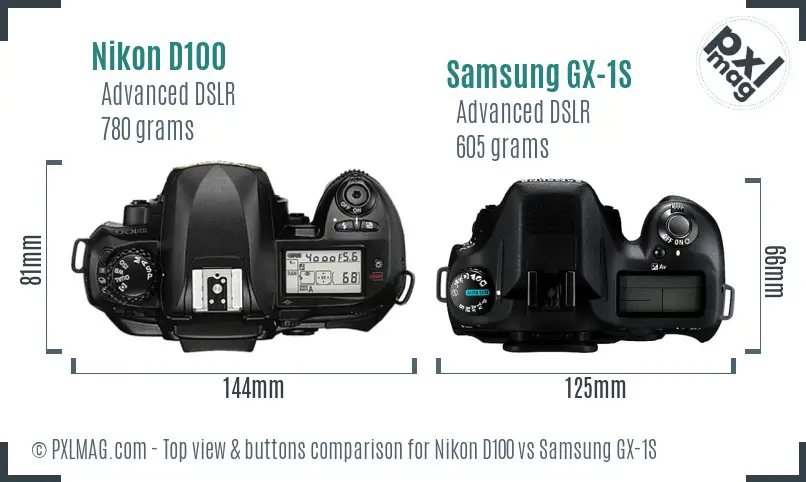 Nikon D100 vs Samsung GX-1S top view buttons comparison