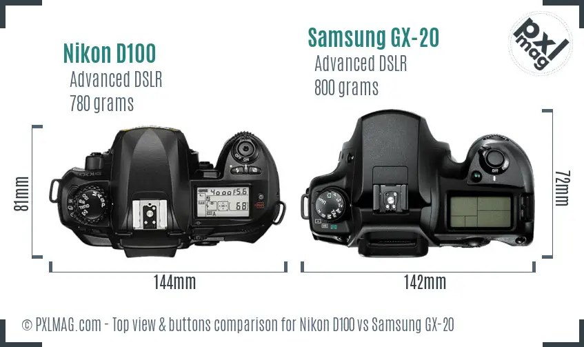 Nikon D100 vs Samsung GX-20 top view buttons comparison