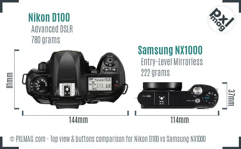 Nikon D100 vs Samsung NX1000 top view buttons comparison