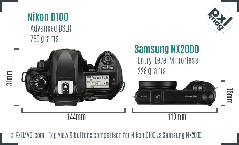 Nikon D100 vs Samsung NX2000 top view buttons comparison