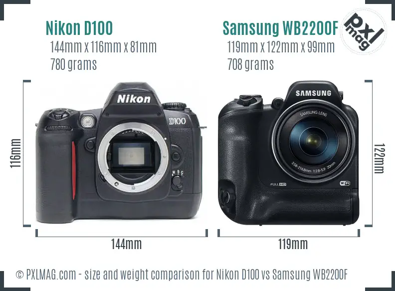 Nikon D100 vs Samsung WB2200F size comparison
