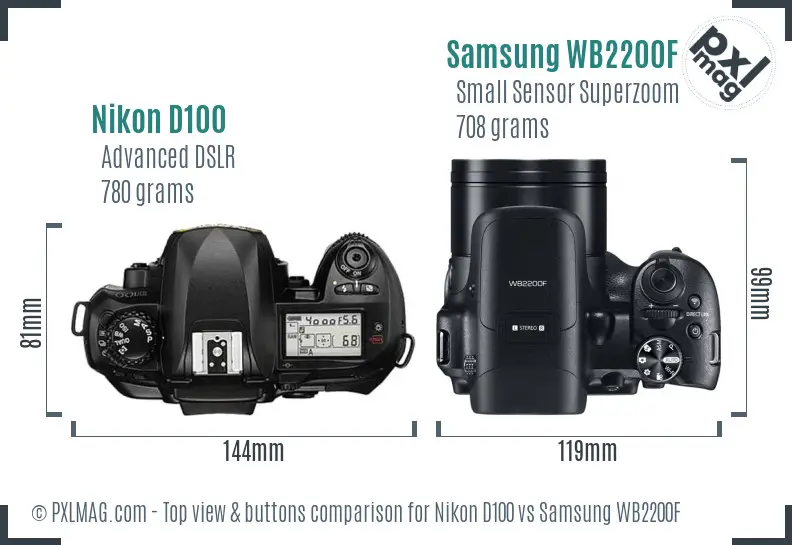 Nikon D100 vs Samsung WB2200F top view buttons comparison