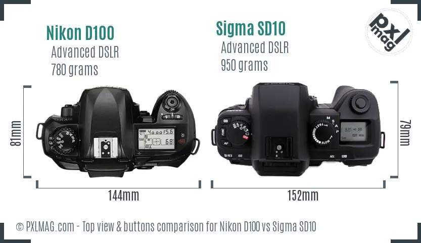 Nikon D100 vs Sigma SD10 top view buttons comparison